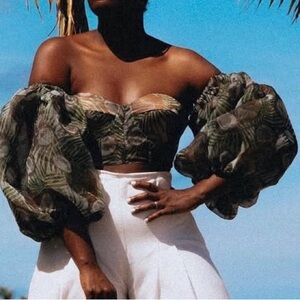 Andrea Iyamah Coconut Print Bustier puff sleeve crop Top Medium M